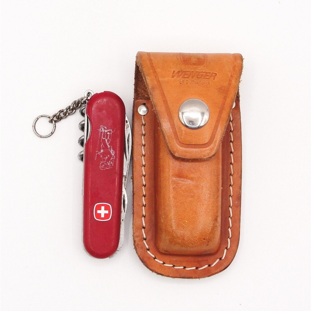 Vintage Wenger Delemont Commander Swiss Army Knife Hiker Logo Tan Leather Case
